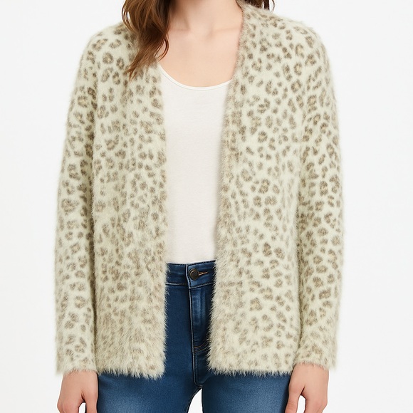 Christopher & Banks Sweaters - Christopher & Banks Fuzzy Tan Leopard Print Cardigan, Size S